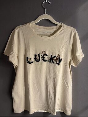 NEW Lucky Brand Cream Tee with Navy Floral 'LUCKY' Embroidery